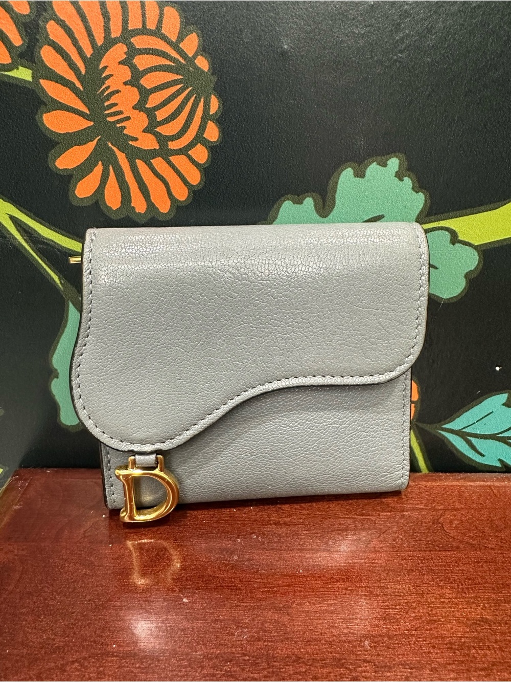 Christian Dior Saddle Lotus Wallet Gray Calfskin Gold D Hardware Compact Wallet - Picture 2 of 13